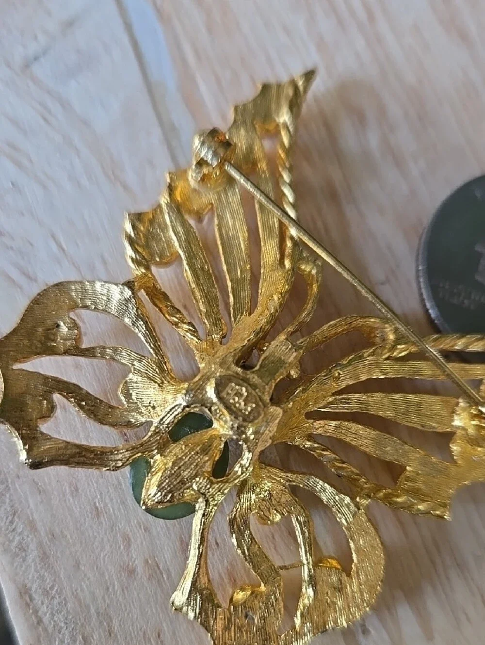 Gold-Tone Butterfly Brooch with Green Jade Accents